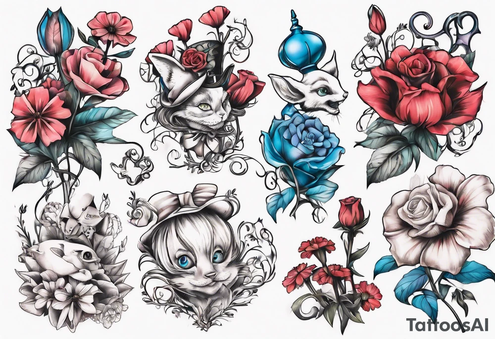 bouquet of Alice in wonderland flowers tattoo idea