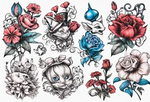 bouquet of Alice in wonderland flowers tattoo idea