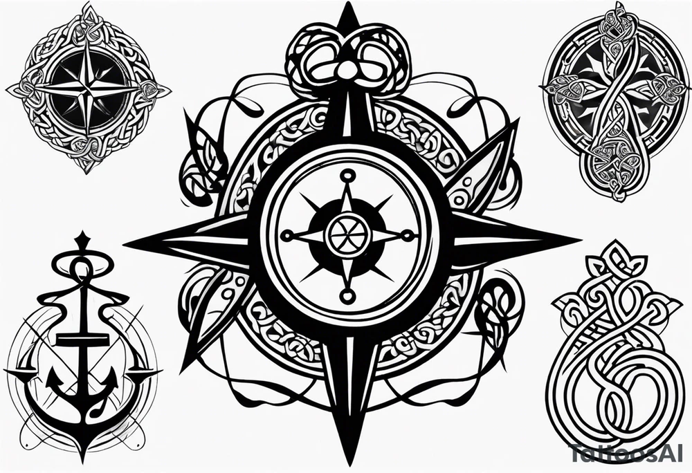 Celtic styling, anchor, compass, bass clef note, treble clef note, dog paw print, half sleeve, forearm tattoo idea