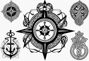 Celtic styling, anchor, compass, bass clef note, treble clef note, dog paw print, half sleeve, forearm tattoo idea