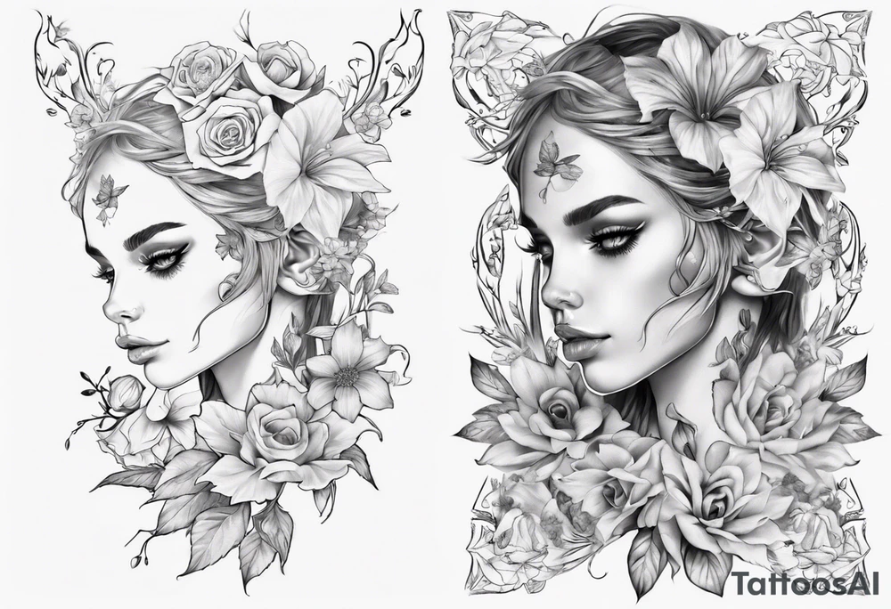 Face of elf covered in different flowers back tattoo tattoo idea Face of elf covered in different flowers back tattoo tattoo idea