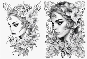 Face of elf covered in different flowers back tattoo tattoo idea