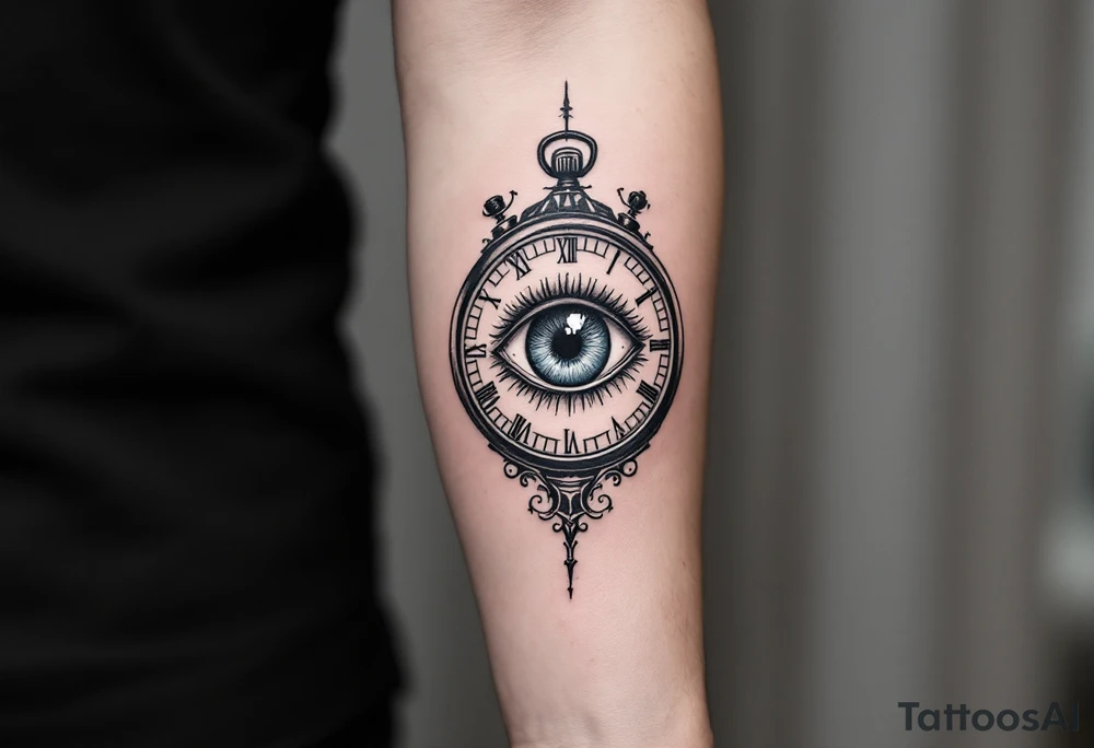 A surreal clock with an eye in place of the dial, eyelids opening like doors, intricate detail, realistic shading, black and gray. tattoo idea