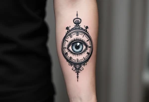 A surreal clock with an eye in place of the dial, eyelids opening like doors, intricate detail, realistic shading, black and gray. tattoo idea