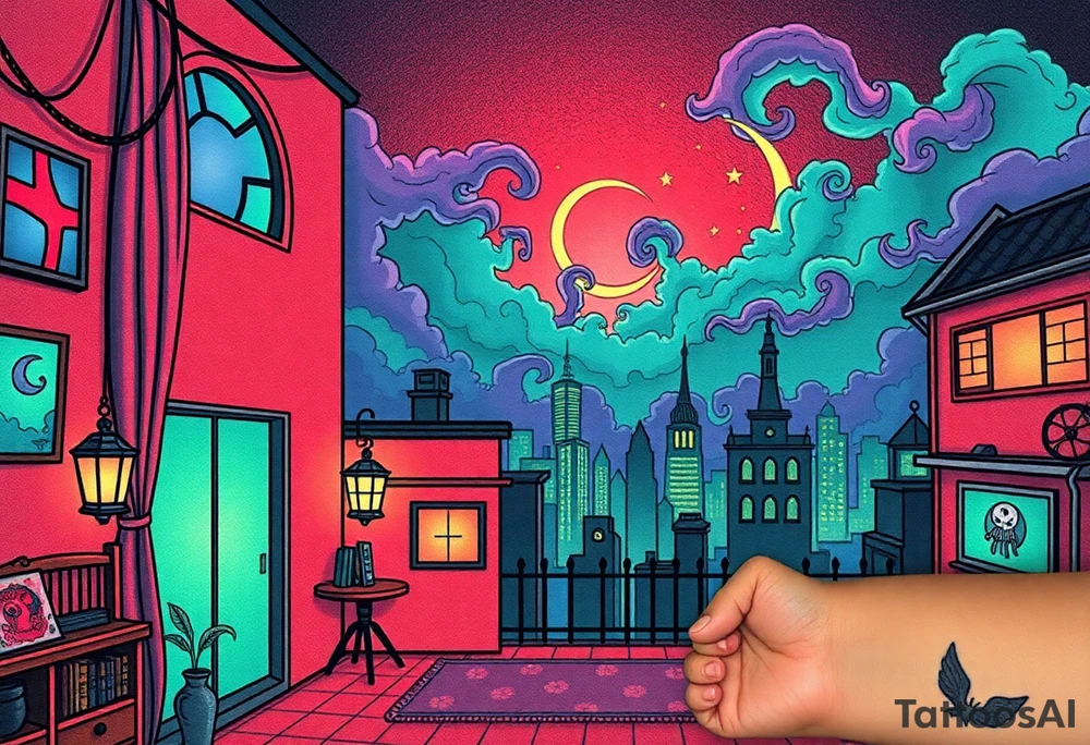 Tim Burton’s haunted pastel Tokyo apartment and dripping with muted reds, dusty pinks, and eerie green glow.purple and cyan smokey clouds swirl in the crescent moonlit sky thats sprinkled with stars tattoo idea tattoo idea