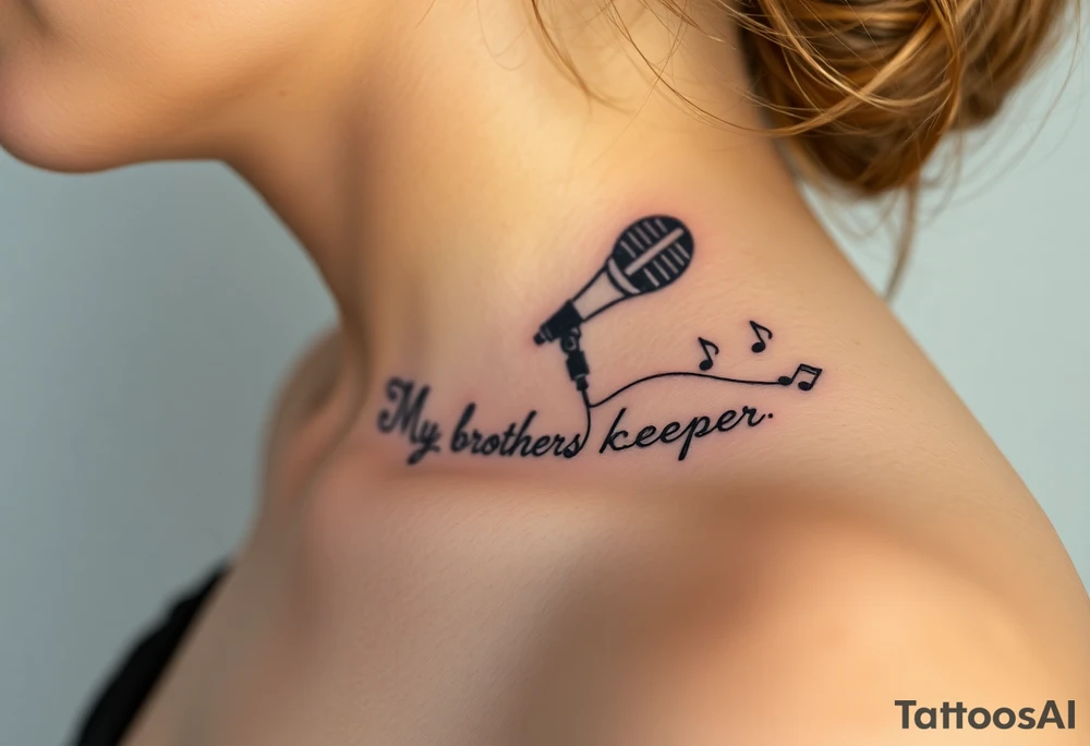 A microphone end of cord drawing the words “My brothers keeper” and music notes tattoo idea