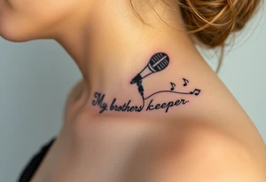 A microphone end of cord drawing the words “My brothers keeper” and music notes tattoo idea