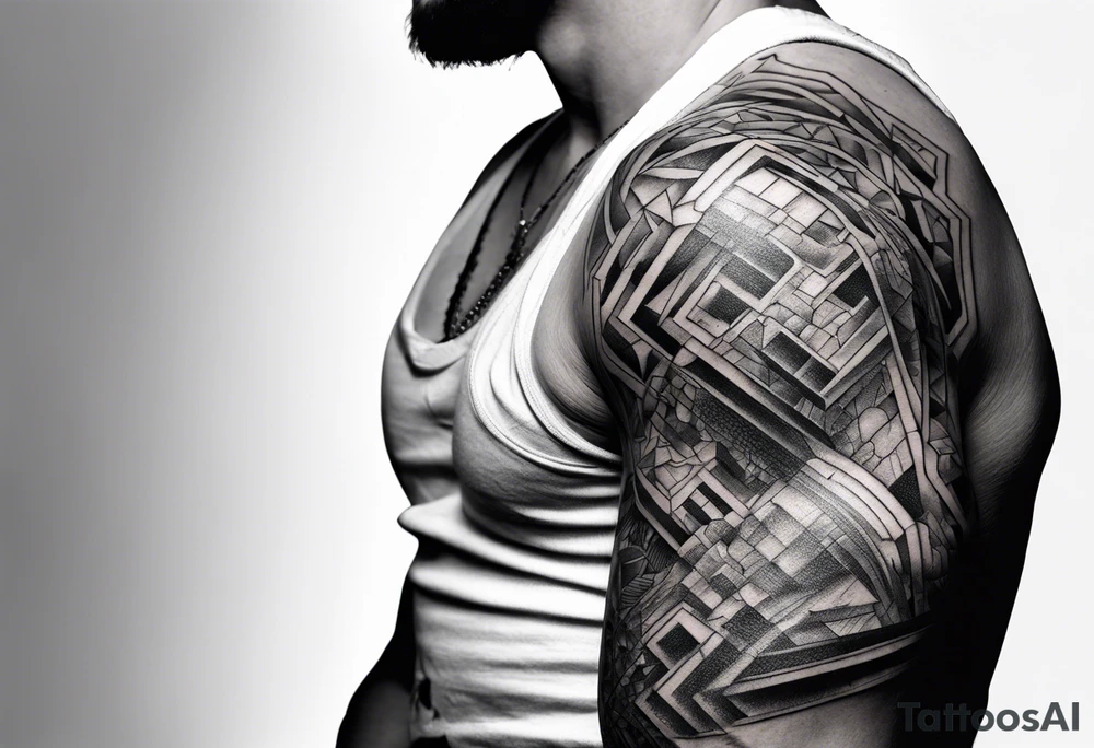 fragmented extreme pain man elbow on arm tattoo idea
