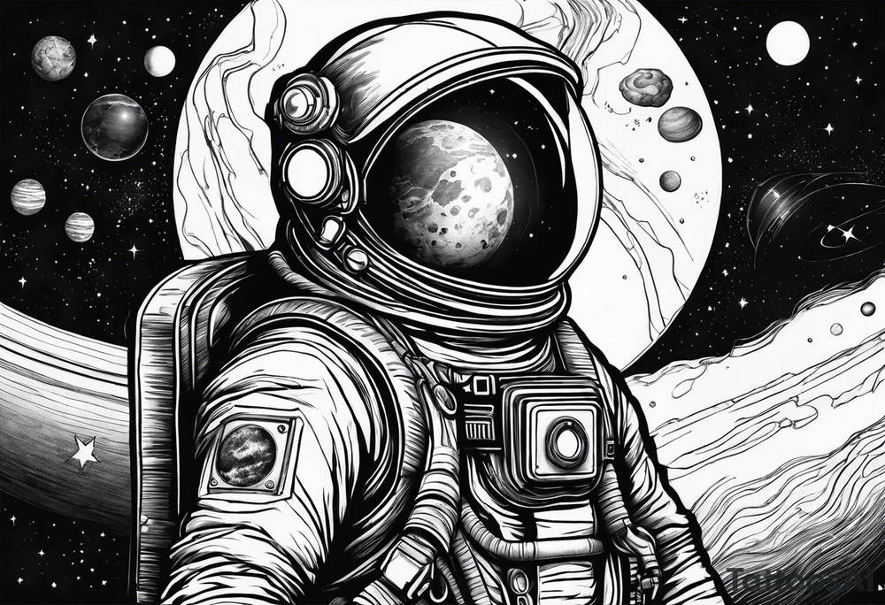 spaceman full-length in space with planets tattoo idea