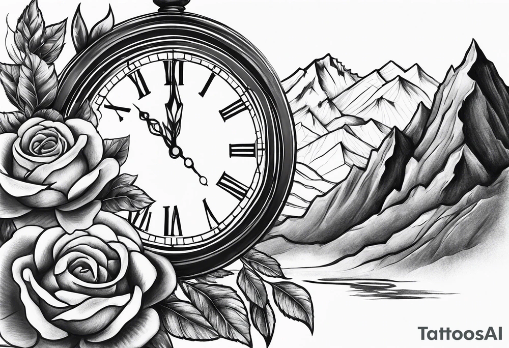 Mountains with clock with roses tattoo idea
