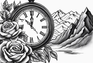Mountains with clock with roses tattoo idea