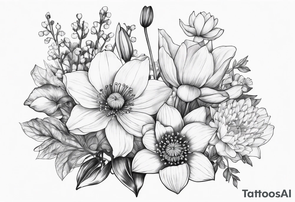 Poppy, water lily, Lily of the valley, daffodil, cosmo flower bouquet tattoo idea