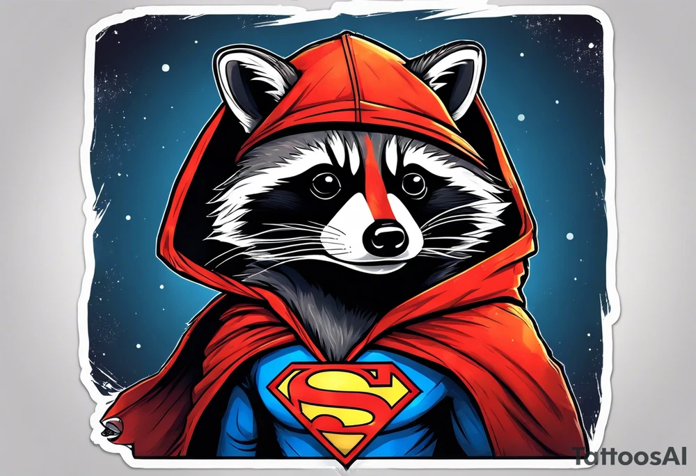 raccoon wearing a Superman hoodie tattoo idea