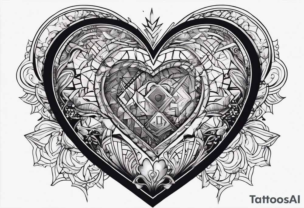 a heart shape with the following inside: brain, travel or plane, family, and other symbols tattoo idea