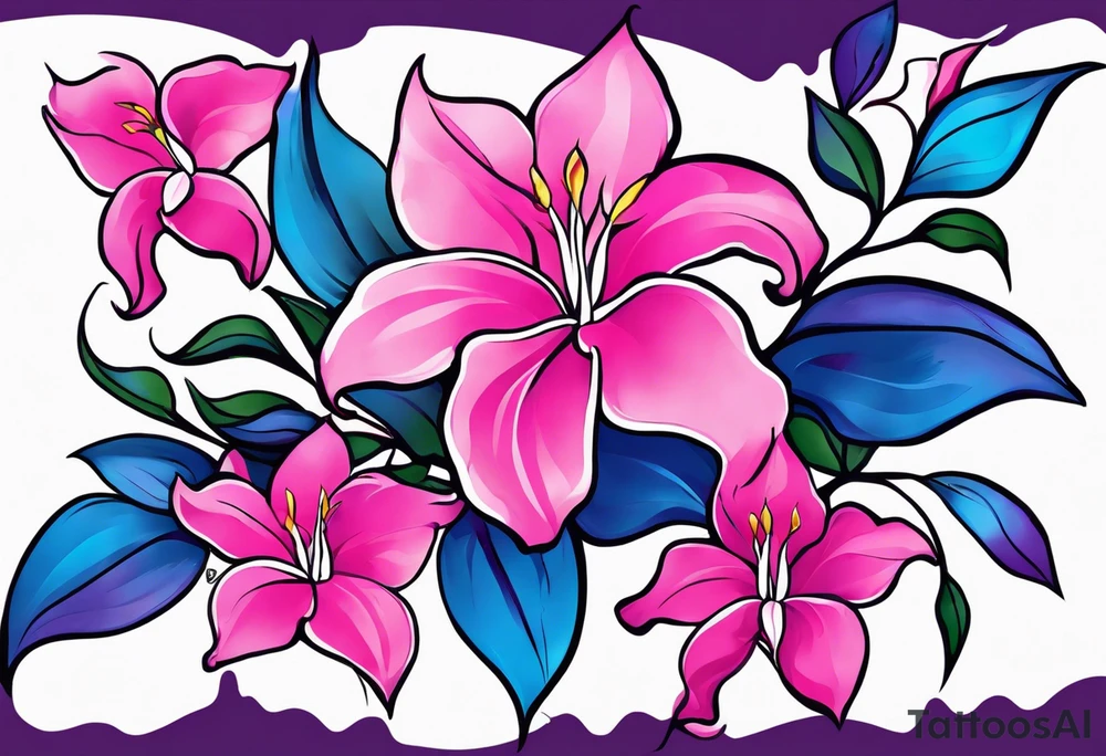 brushstroke abstract pink, purple, and blue mandevilla flowers on a vine, with color leaking out into the background. SOme of the flowers should be full color, and some just linework. It should have a handdrawn, sketch feel. tattoo idea