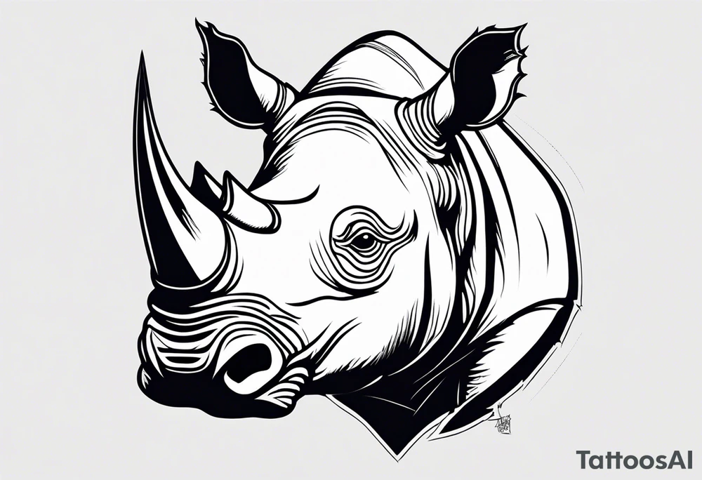 A front-facing rhino head with a sharp elongated tusk that is angry and fierce. Ears pointed straight up and forward a bit. Eyes that pierce your soul. A snarling jowel tattoo idea
