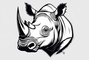 A front-facing rhino head with a sharp elongated tusk that is angry and fierce. Ears pointed straight up and forward a bit. Eyes that pierce your soul. A snarling jowel tattoo idea