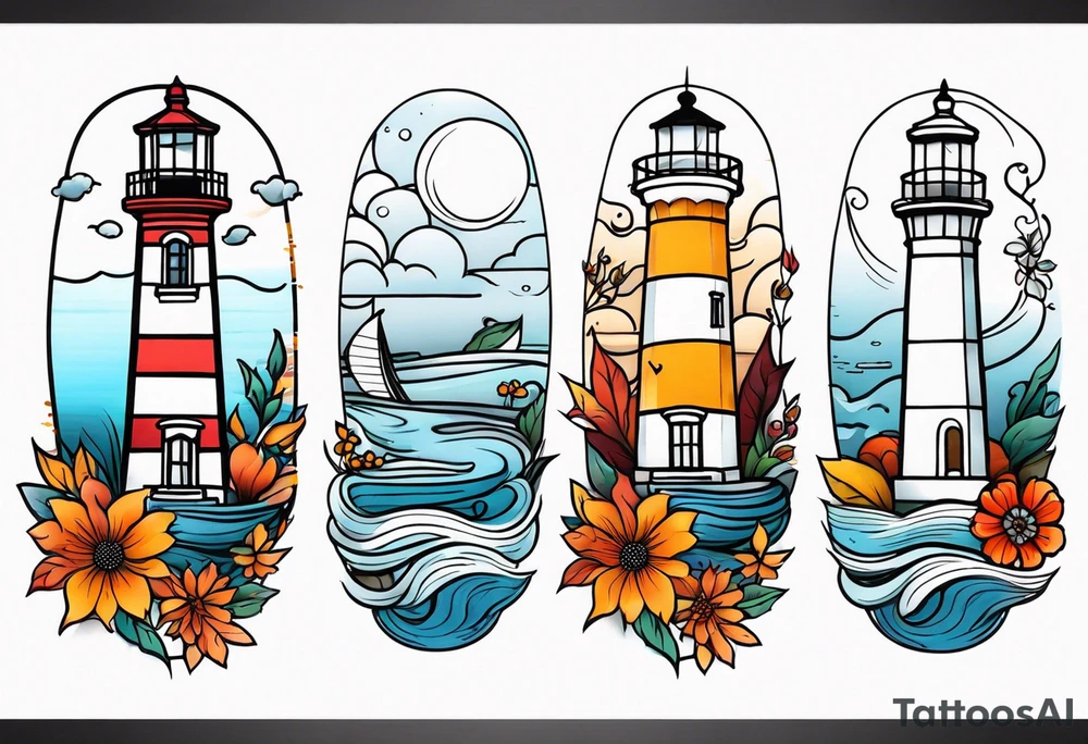 Arm sleeve with fall colors, various flowers, water flow, water splash, light house tattoo idea