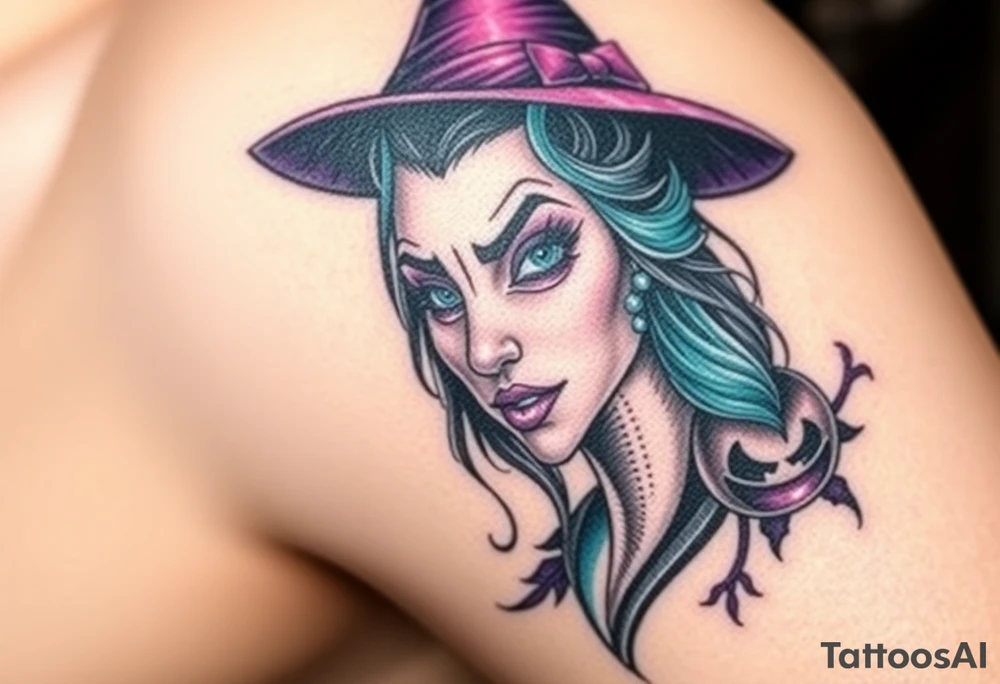 A witches portrait with purple and teal accents and halloween ornaments tattoo idea