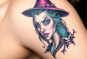 A witches portrait with purple and teal accents and halloween ornaments tattoo idea