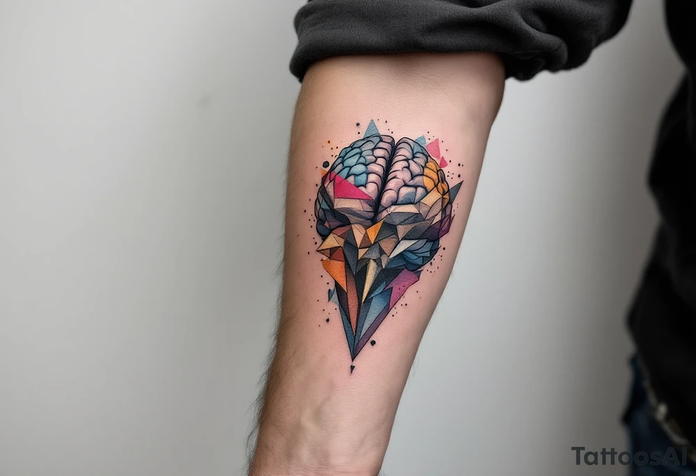 Arm, vertical tattoo inspired in the creativity of a gifted brain, with watercolor details tattoo idea