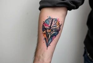 Arm, vertical tattoo inspired in the creativity of a gifted brain, with watercolor details tattoo idea