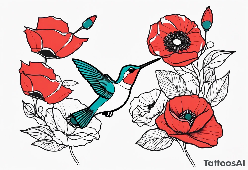 hummingbirds with red poppies tattoo idea