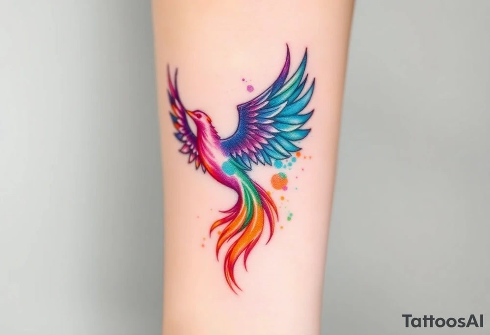 Phoenix in fire with purple, blue, orange, teal and green splashes, looking up tattoo idea