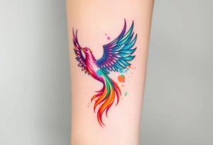 Phoenix in fire with purple, blue, orange, teal and green splashes, looking up tattoo idea