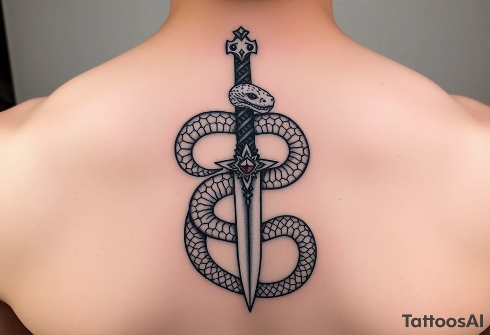 mystical snake coiled around an ancient dagger with jeweled hilt tattoo idea