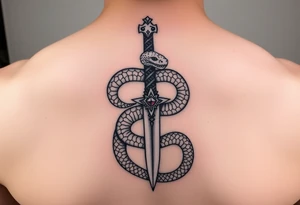 mystical snake coiled around an ancient dagger with jeweled hilt tattoo idea