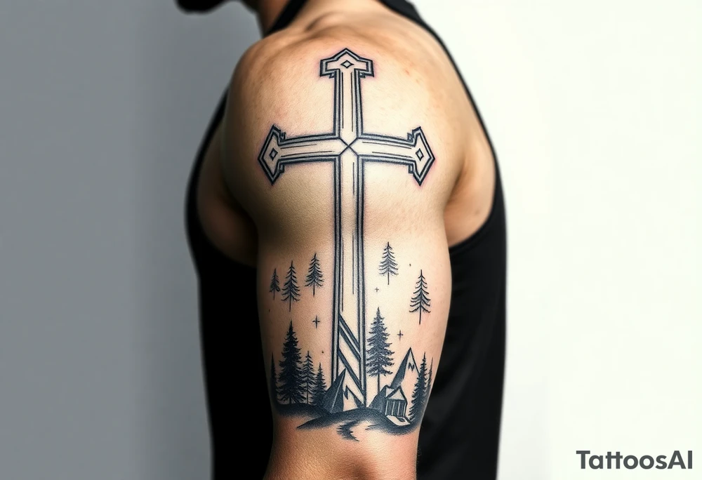 russian christian orthodox cross with the diagonal line at the bottom with a light forrest with a light mountainous setting tattoo idea