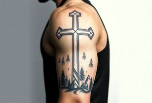 russian christian orthodox cross with the diagonal line at the bottom with a light forrest with a light mountainous setting tattoo idea