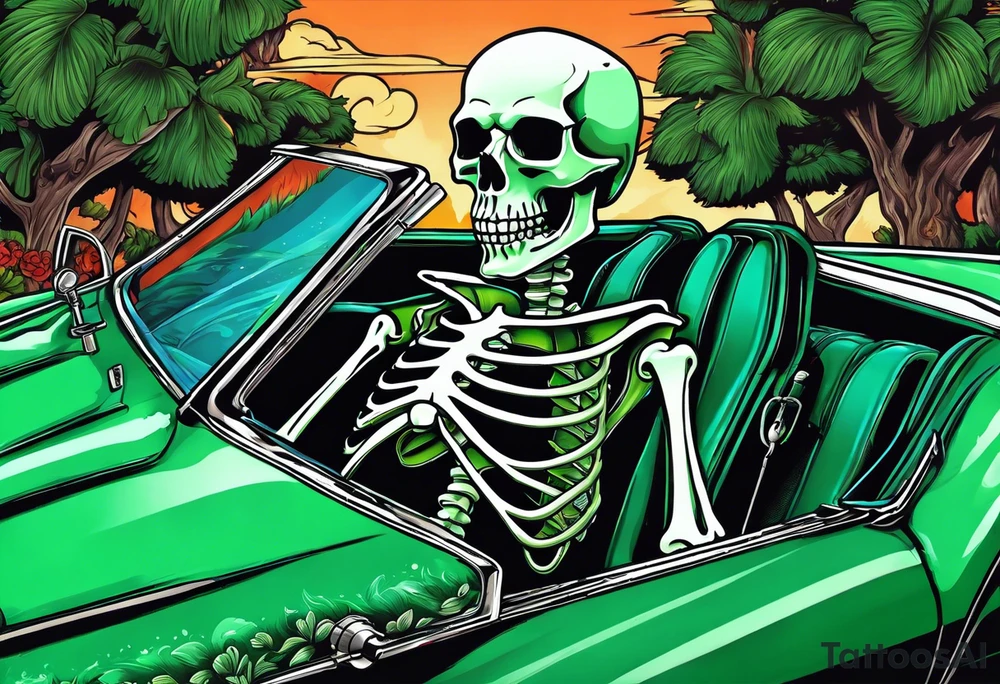 Skeleton smoking a cigarette driving a green 1976 convertible Corvette tattoo idea