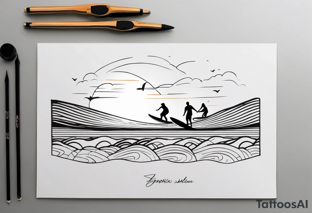 Black and white Line work tattoo depicting a father surfing with his two daughters.  The sunset and horizon have musical notes. tattoo idea