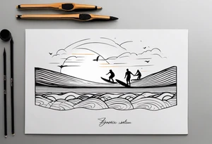Black and white Line work tattoo depicting a father surfing with his two daughters.  The sunset and horizon have musical notes. tattoo idea