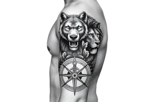 stacked wolf, bear, lion, faces; surrounded by a broken old school compass with anchor on the bottom tattoo idea