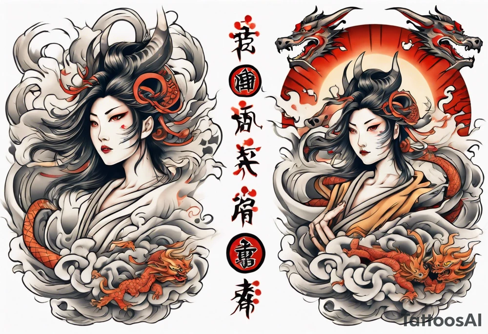 Japanese tattoo sleeve with amaterasu goddes on the shoulder and dragon along the hand tattoo idea