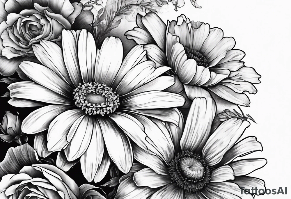 A sleeve of a single daisy and a rose with poppies and gladiolus flowers weaving through the daisy and rose tattoo idea