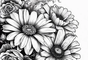 A sleeve of a single daisy and a rose with poppies and gladiolus flowers weaving through the daisy and rose tattoo idea