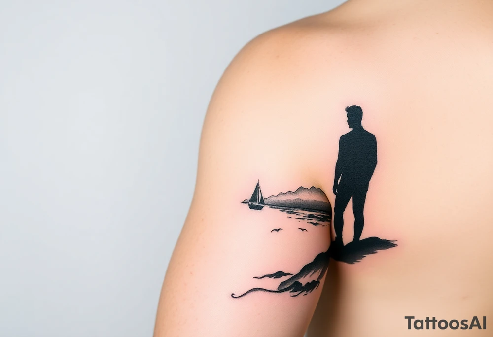 I want a minimalist design that will go on my right bicep, of a man's silhouette of a man on a shoreline, with a tree to his left, looking out at mountains in the distance, and a sailboat in the foreground.  but I want this around the arm, elbow and bicep area.  more of a wrap around on the arm please tattoo idea