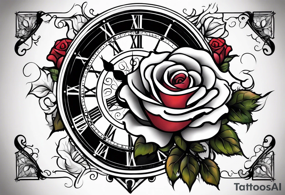 rose, sun light, dove, clock, and text box tattoo idea