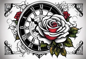 rose, sun light, dove, clock, and text box tattoo idea