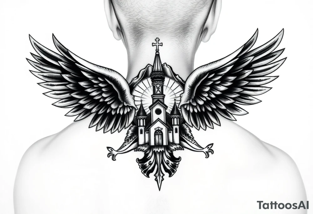 russian coat of arms with the eagles wings spanning out on my back neck across my shoulders / traps with a orthodox christian church being visible in a mountainous sun beaming setting, with the russian orthodox cross spire of the orthodox church being visible on my neck with a sun beaming in the background that the cross sits inside tattoo idea