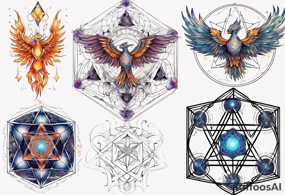 sacred geometry Metatron's cube with phoenix. Sleeve tattoo idea