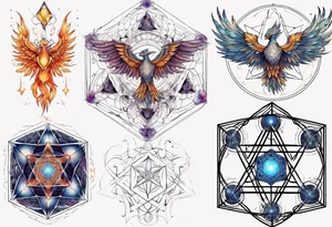 sacred geometry Metatron's cube with phoenix. Sleeve tattoo idea
