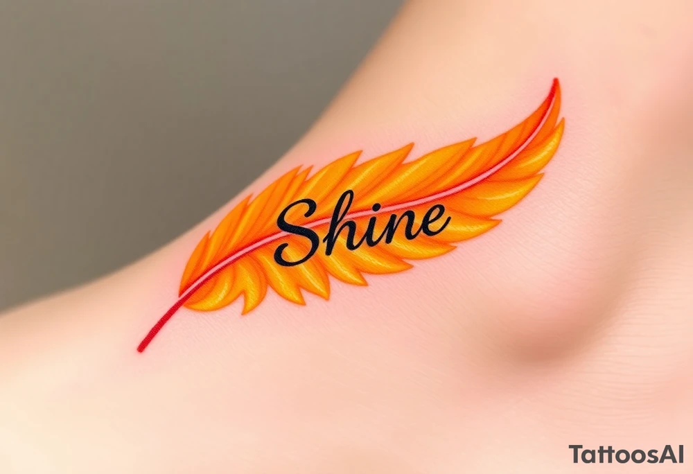 A golden yellow and fiery orange feather with a sunbeam effect, featuring the word "Shine", representing radiance and warmth in a relationship tattoo idea