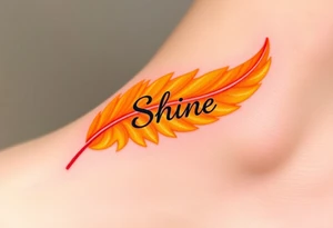 A golden yellow and fiery orange feather with a sunbeam effect, featuring the word "Shine", representing radiance and warmth in a relationship tattoo idea