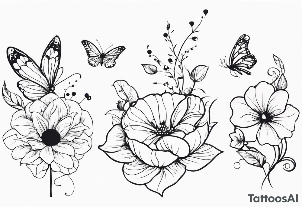 Large floral design of 3 different flowers with a fairy and butterfly tattoo idea