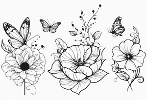 Large floral design of 3 different flowers with a fairy and butterfly tattoo idea